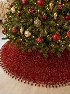 Rodeo Home Festive Red Beaded Tree Skirt with Gold Threaded Swirls Accents - XL